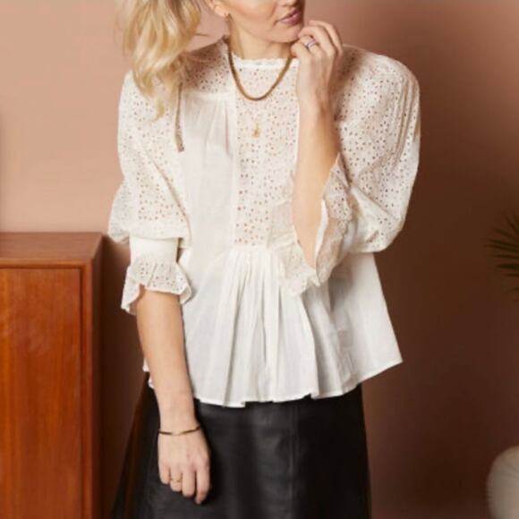 ByTimo Eyelet Cotton Embroidered Pleated Blouse Medium - Picture 1 of 10